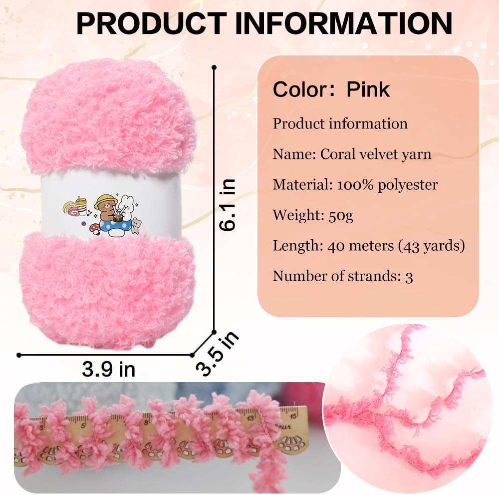6 PCS Soft Coral Velvet Chenille Yarn for Crocheting,Fluffy Yarn for Knitting and Crochet DIY Craft,Warm Crochet for Bag Hat Scarve Gloves Slippers Dolls(Pink)