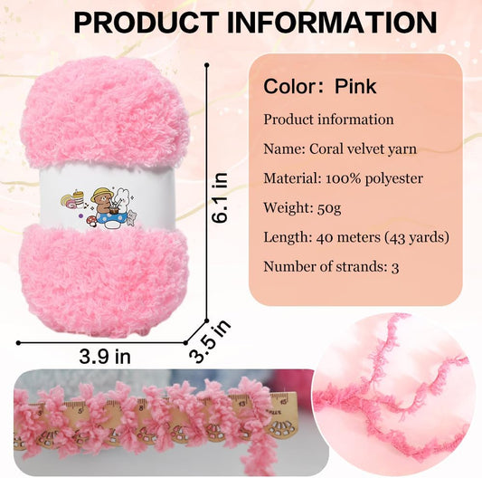 6 PCS Soft Coral Velvet Chenille Yarn for Crocheting,Fluffy Yarn for Knitting and Crochet DIY Craft,Warm Crochet for Bag Hat Scarve Gloves Slippers Dolls(Pink)