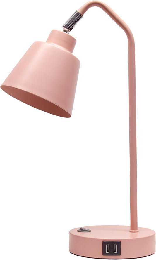 Simple Designs LD1071-BPK 16" Sleek Essentials Adjustable Metal Desk Task Lamp with Dual USB Ports, for Office, Desk, Nightstand, Dorm, Blush Pink