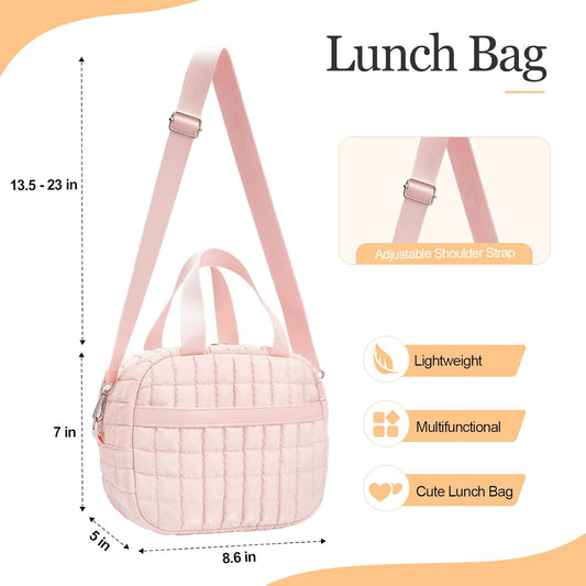 honitty Lunch Box for Women,Quilted Puffer Lunch Bag, Cute Lunch Box with Front Pocket, Insulated Lunch Bag for Office Work，Hand Carry or Crossbody