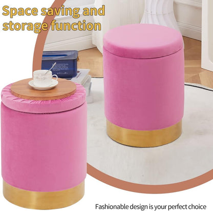 Velvet Storage Ottoman Multipurpose Footrest Stool with Metal Base Modern Round Vanity Stool Chair Ottoman Foot Stools Support 300 lbs Padded Seat for Living Room (Rose Pink)
