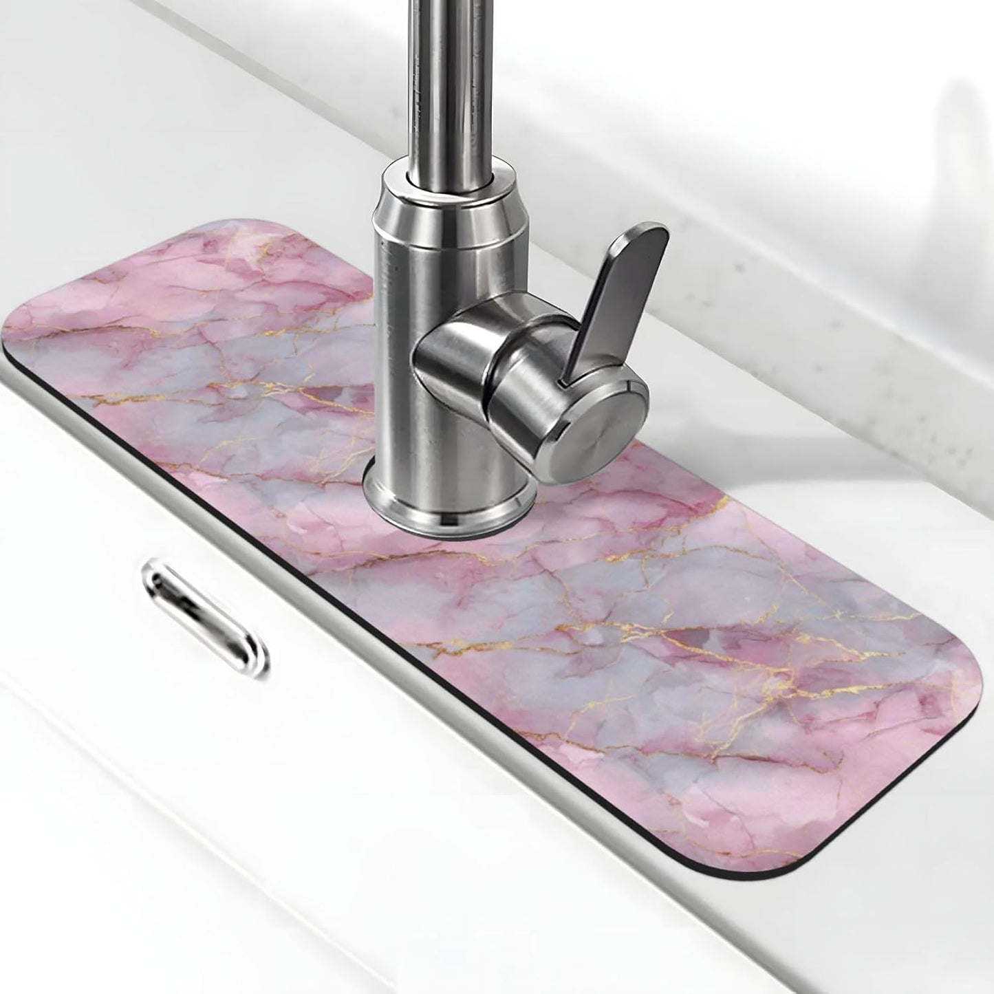 Light Pink Marble With Gold Faucet Mat Splash Guard, Absorbent Quick-Dry Kitchen Sink Mat,Ideal For Splash Guard Drip Catching