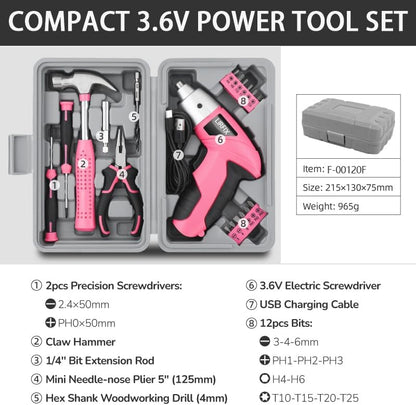Pink 20-Piece 3.6V USB Rechargeable Cordless Screwdriver Set - Compact Toolbox with Claw Hammer, Needle-Nose Pliers & Screwdriver Bits, Low-Power Electric Tool Kit for Women, Ideal Gift