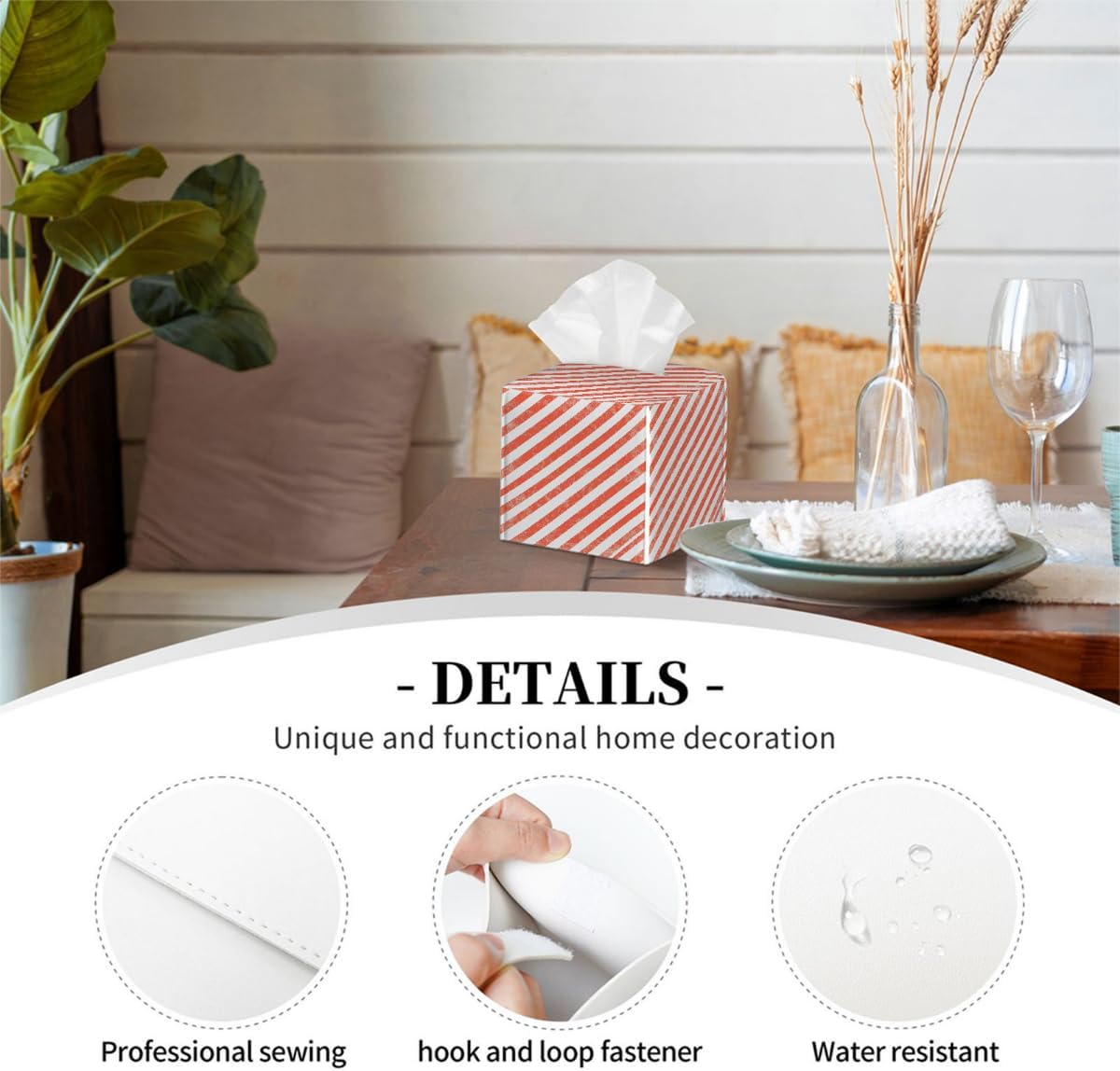 Tissue Box Cover,Retro Pink Striped Pattern Waterproof PVC Leather Tissues Holder,Square, 5.2" L x 5.2" W x 5.2" H, Decorative for Home Office
