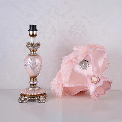 Pink Resin Table Lamp European Princess Desk Light Cerative Lace Fabric Lampshade with Resin Lamp Body Beside Lamp for Bedroom Living Room Study Room Nursery Room