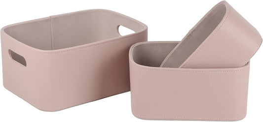 HofferRuffer Faux Leather Storage Baskets Bins with Velvet Lining for Organizing, Storage, Gifts, Set of 3 Nesting Shelf Baskets Decorative Storage Boxes for Home Organization (Pink)