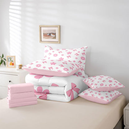 Feelyou Cute Bow Twin Comforter Set with Sheets for Kids Boys Girls Kawaii Flower Floral 7 Pieces Bedding Set Pink Bed in a Bag Room Decor Soft Lightweight Microfiber