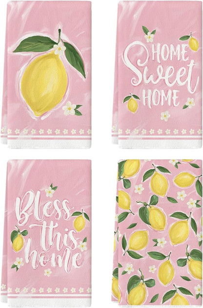 Artoid Mode Pink Lemons Leaves Flowers Summer Kitchen Towels Dish Towels, 18x26 Inch Farmhouse Spring Decoration Cleaning Set of 4