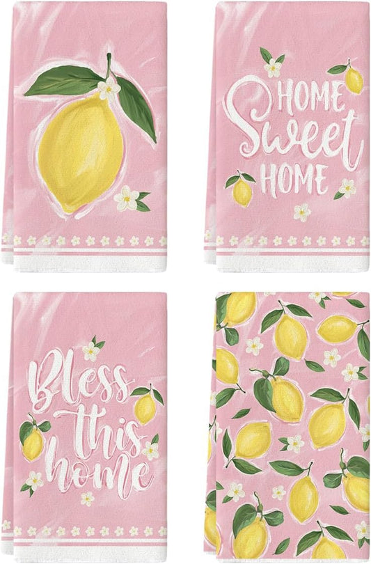 Artoid Mode Pink Lemons Leaves Flowers Summer Kitchen Towels Dish Towels, 18x26 Inch Farmhouse Spring Decoration Cleaning Set of 4