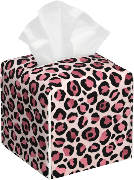 White Pink Leopard Print Tissue Box Cover Square Modern Decorative Tissue Box Holder, Cute Leather Box Cover Car Tissue Holder for Bathroom, Night Stands, Desk, Office Decor