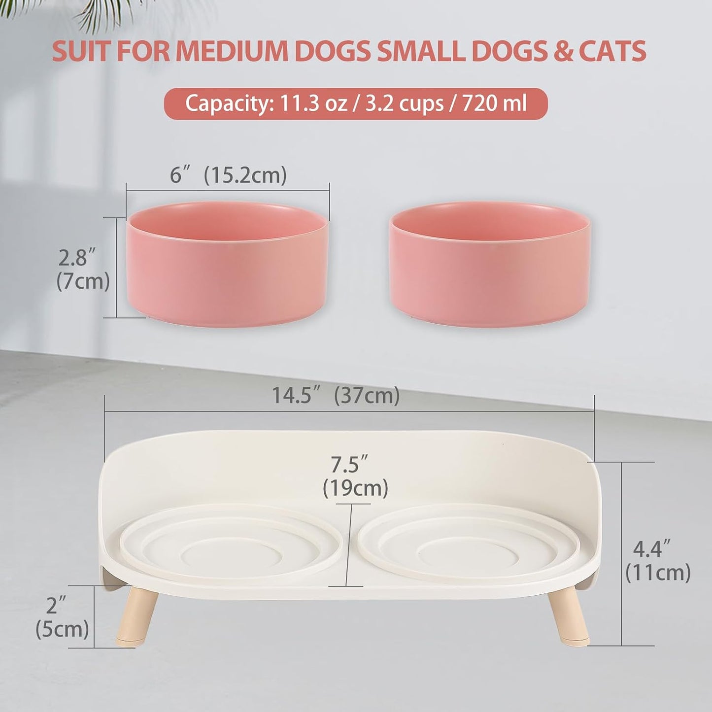 Elevated Ceramic Dog Bowl Set - Double Dog Feeding Bowls with Stand Splash Proof - Raised Dishes for Food and Water - Ideal for Small to Medium Dogs - 2 x 720 ml - 11.3 oz - Pink