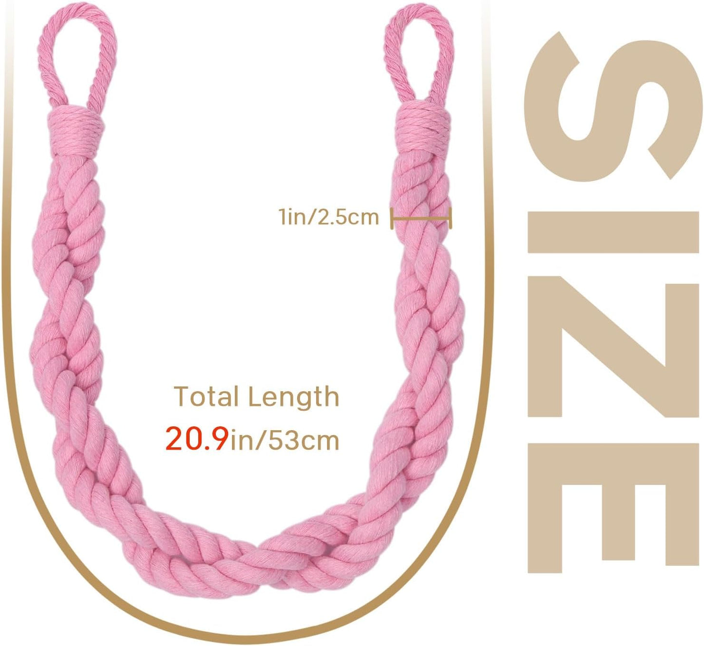NICEEC 2 Pack Natural Cotton Rope Curtain Tiebacks Elegant Boho Style Decor Drape Tie Backs Soft Hand-Woven Double Rope Curtain Holdbacks with Metal Hook for Home & Office Drapery (Pink)