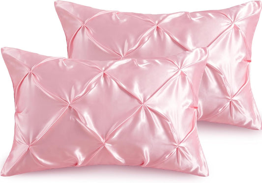 P Pothuiny Pintuck Satin Pillowcase Standard Size Set of 2, Blush Pink Satin Pillow Shams Pinch Pleated Silky Smooth Pillow Covers for Hair, Decorative Pillow Case with Envelope Closure