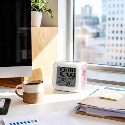 Pink Bow Alarm Clock, Cute Coquette Watercolor Bow Knot Ribbon Love Heart Digital Clock Night Light with 7 Color, Calendar Temperature Display, NightLight Clock for Bedroom, 3.2x3.2in