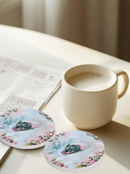 Merry Christmas Coaster Set of 6 Train Snow Flowers Lights Berries Pink Drink Coasters Absorbent Ceramic Coaster for Table Dining Cup Mat for Kitche Cafe Bar Warming Gifts 4 Inches