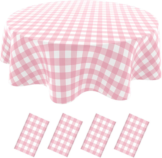 4 Pack Checkered Tablecloth，Plastic Table Cloth Disposable，84 Inch Round Gingham Tablecloth for Parties - Pink