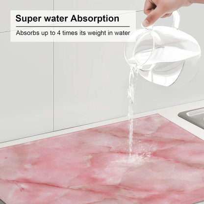 Light Pink Marble Tile Dish Drying Mat For Kitchen Counter, Drain Rack Mat Microfiber Quick Dry Dish Pad