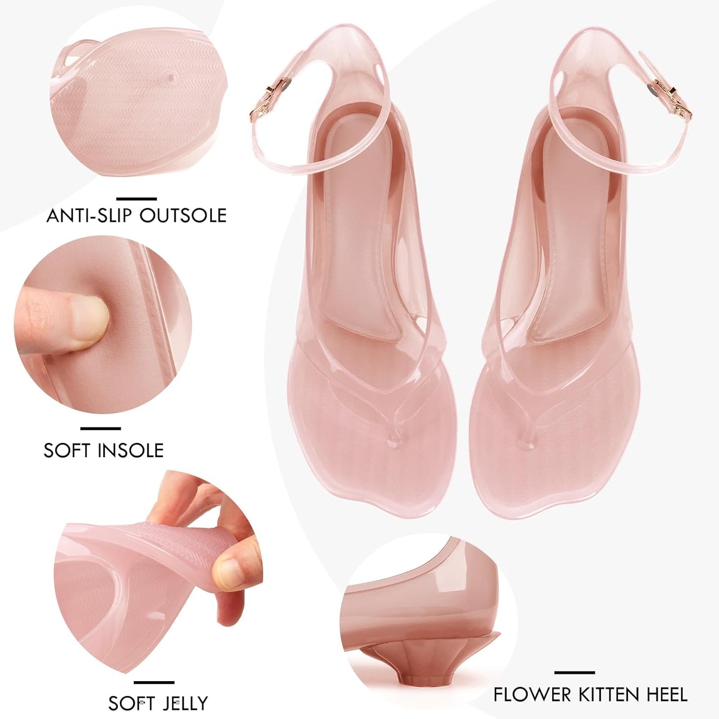 KISSASA Jelly Shoes for Women Fip Flop Flower Kitten Heel Sandals Clear Ankle Strap Thong Heels Summer Dress Shoes