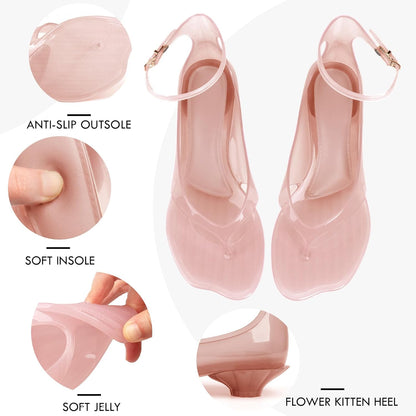 KISSASA Jelly Shoes for Women Fip Flop Flower Kitten Heel Sandals Clear Ankle Strap Thong Heels Summer Dress Shoes