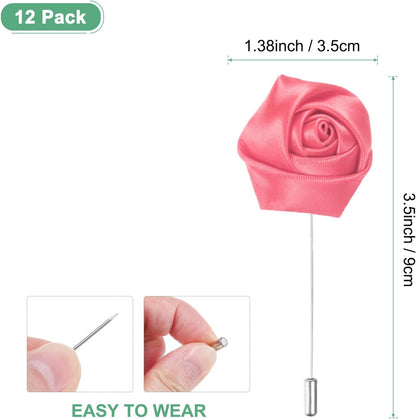 M METERXITY 12-Pack Flower Lapel Pins for Men, Rose Boutonnieres Pin Groom Boutonnieres for Wedding/Dance/Party, Men Lapel Pins for Suits Satin Flower Corsage [Dark Pink]