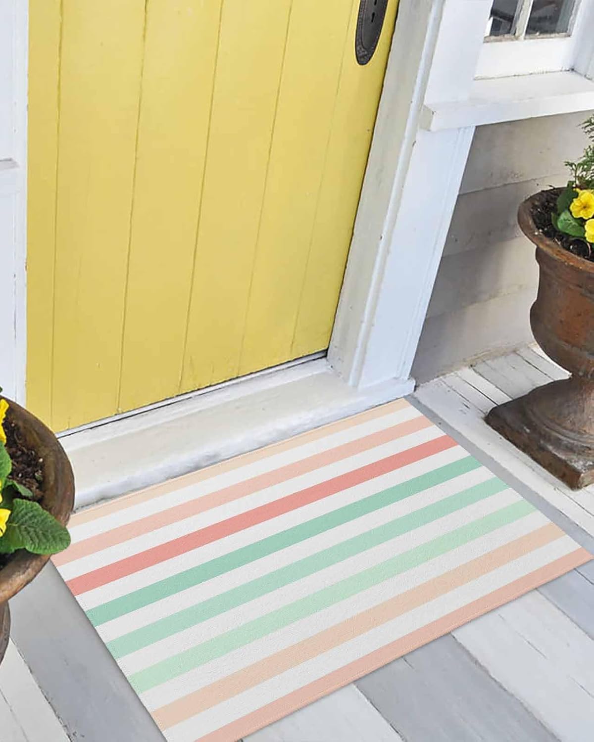 Front Door Mat Outdoor, Peach Pink Green Ombre Absorbent Non Slip Indoor Entry Rug, Farmhouse Stripe Modern Low-Profile Doormat Washable Rugs for Bathroom, Kitchen, 24x36in