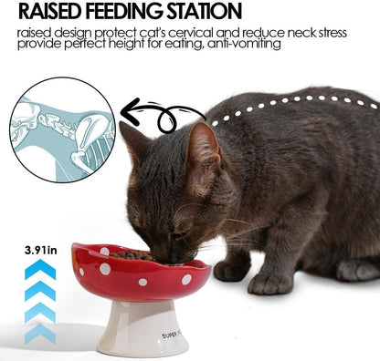 Pink Mushroom Cat Bowl, Elevated Ceramic Feeding Bowl | Elevated, Ceramic, Tilted Design, Whisker-Friendly, Dishwasher Safe, cute