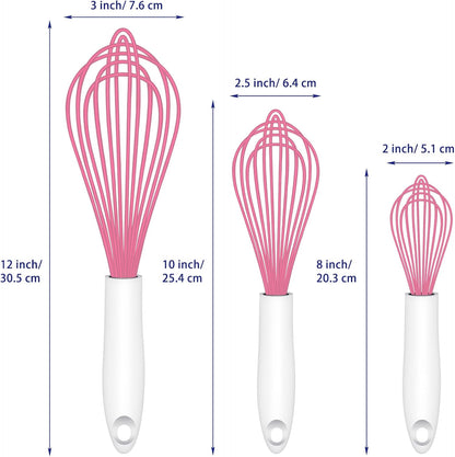 OYV Pink Silicone Whisk, Sealed Waterproof Design Set of 3, Professional Kitchen Whisks for Cooking Non-Scratch, Silicone&Stainless Steel Whisk, Heat Resistant 480°F Rubber wisk, BPA free