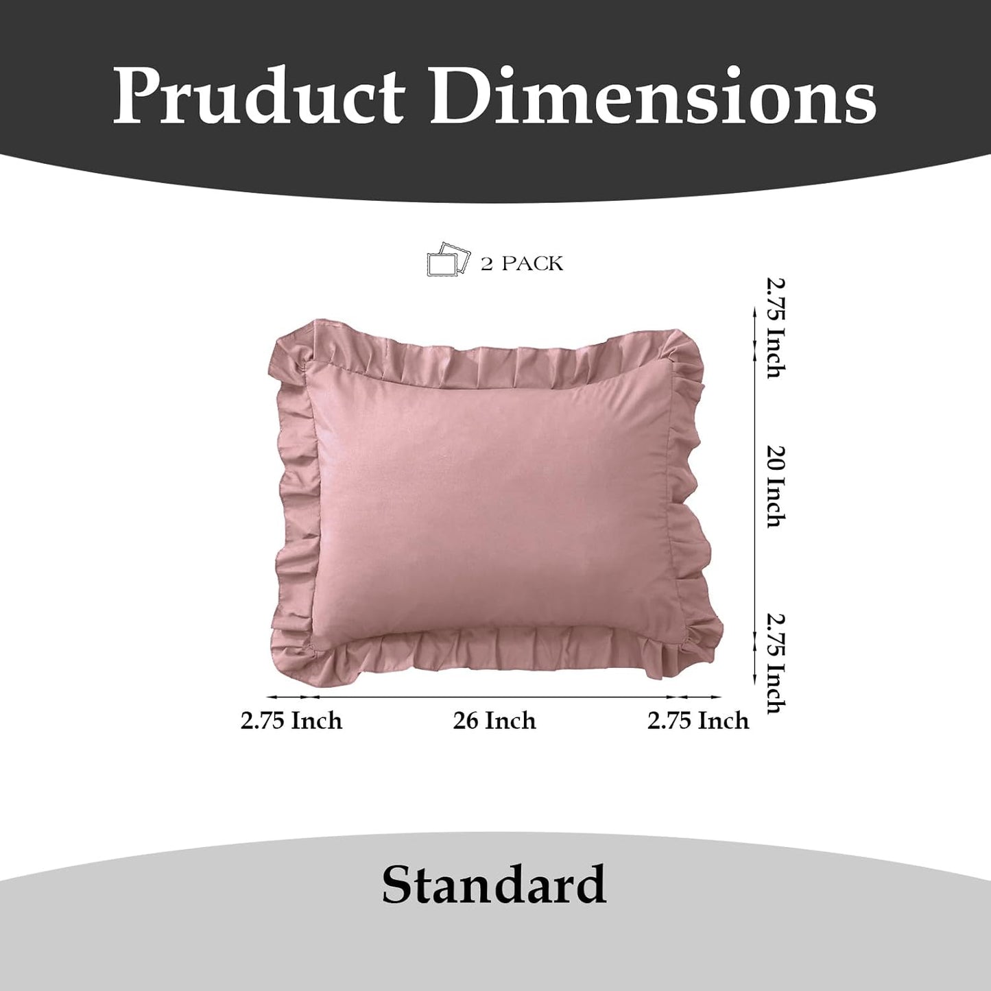 Ruffle Pillow Cases Standard Size Set of 2 –Soft Wrinkle Resistant Brushed Microfiber Ruffled Pillowcases –Envelope Pillow Shams Cover Festive Gift for Hotels,Guest Rooms 20x26 Inch (Pink)