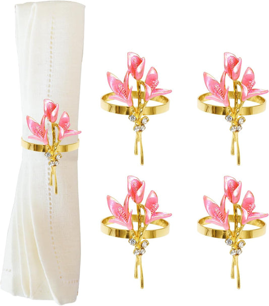 Lily Napkin Rings Set of 4, Flower Napkin Holders Floral Napkin Ring Perfect for Wedding Party Holiday Banquet Christmas Dinner Decor (Pink)
