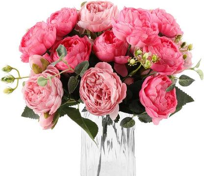 4 Bundles Peonies Artificial Flowers, Fake Silk Peonies Bouquet of Flowers for Home Decor Faux Floral Table Centerpieces for Kitchen Bathroom Wedding Party Decor(Rose Red+Pink)