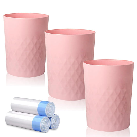 JiatuA 3 Pack Small Trash Can with Trash Bags Bathroom Garbage Bin Round Plastic Waste Basket for Kitchen, Bedroom, Office, College Dorm, Craft Room, Pink