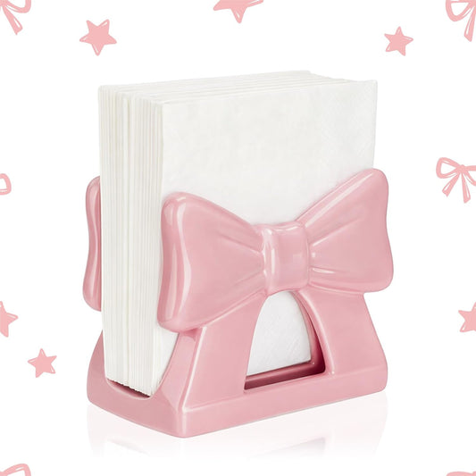 Remerry Pink Bow Napkin Holder for Table Cute Coquette Kitchen Napkin Holder Pink Bow Ceramic Upright Tissue Dispenser Coquette Kitchen Decoration Gifts for Home Baby Shower Bridal Shower