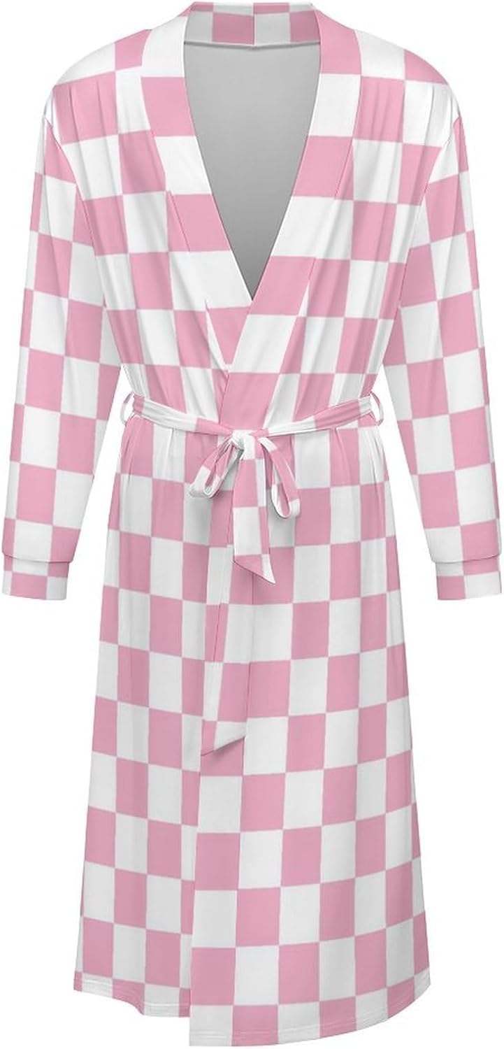 Sleepwear Robe for Women Men - Pink Pastel Checkered Print Lightweight Kimono Bathrobe with Tie Belt