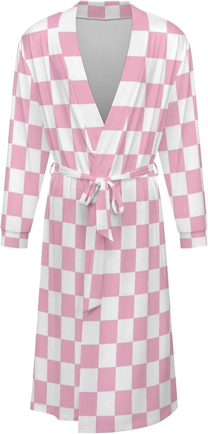 Sleepwear Robe for Women Men - Pink Pastel Checkered Print Lightweight Kimono Bathrobe with Tie Belt