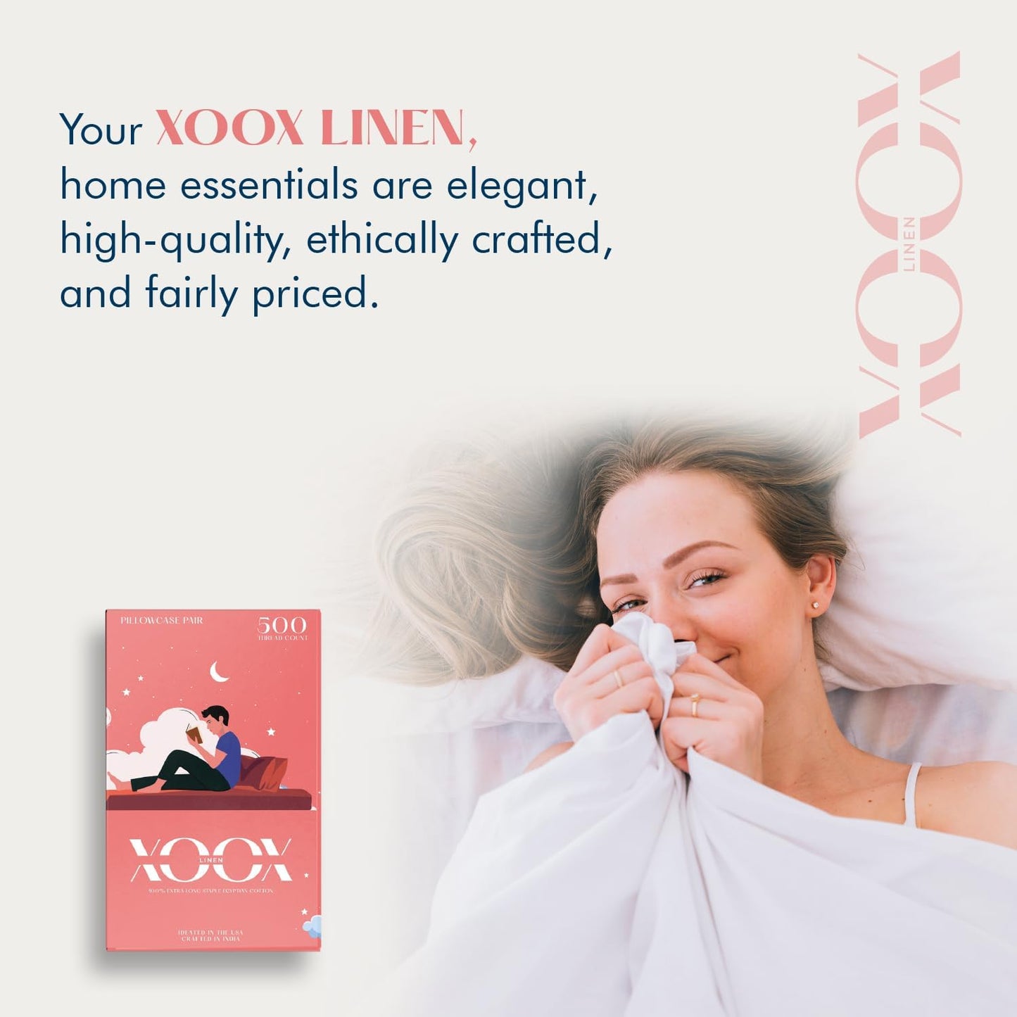 XOOX Linen Cotton Queen Size Pillowcase Set of 2 - Luxury 500 Thread Count Egyptian Cotton Pillowcases Standard Size (Blush), Soft, Cooling & Breathable, Sateen Weave Hotel Quality Pillowcover