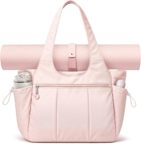 TOPEAST Foldable Tote Bag for Women with Yoga Mat Holder,Travel Tote Bag with Water Bottle Pocket,Lightweight Workout Gym Bag
