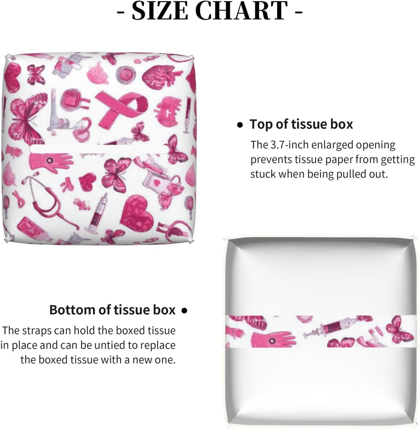 Gentle Hopeful Pink Ribbon Print Tissue Box Cover Holder Square, Foldable Modern Cube Tissue Box Cover, Leather Decorative Organizer for Tabletop Bathroom Car Office Desk Decor