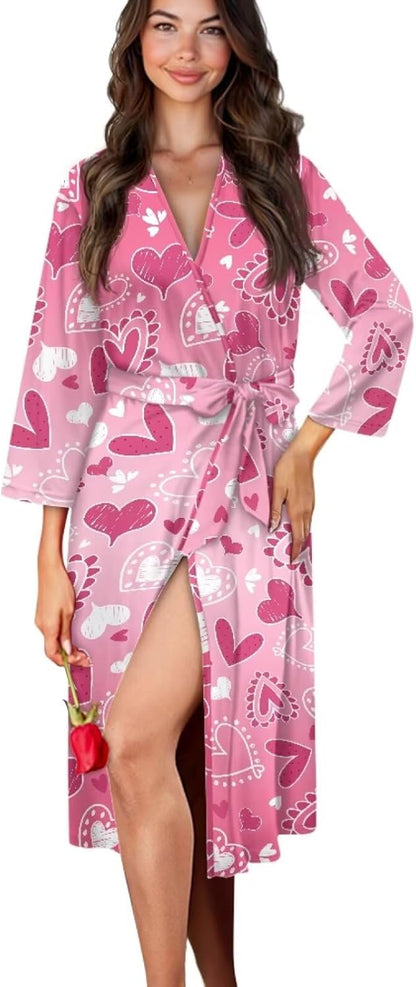 Heart Print Robe V Neck Night Shirts Breathable Bathrobe Nightgown