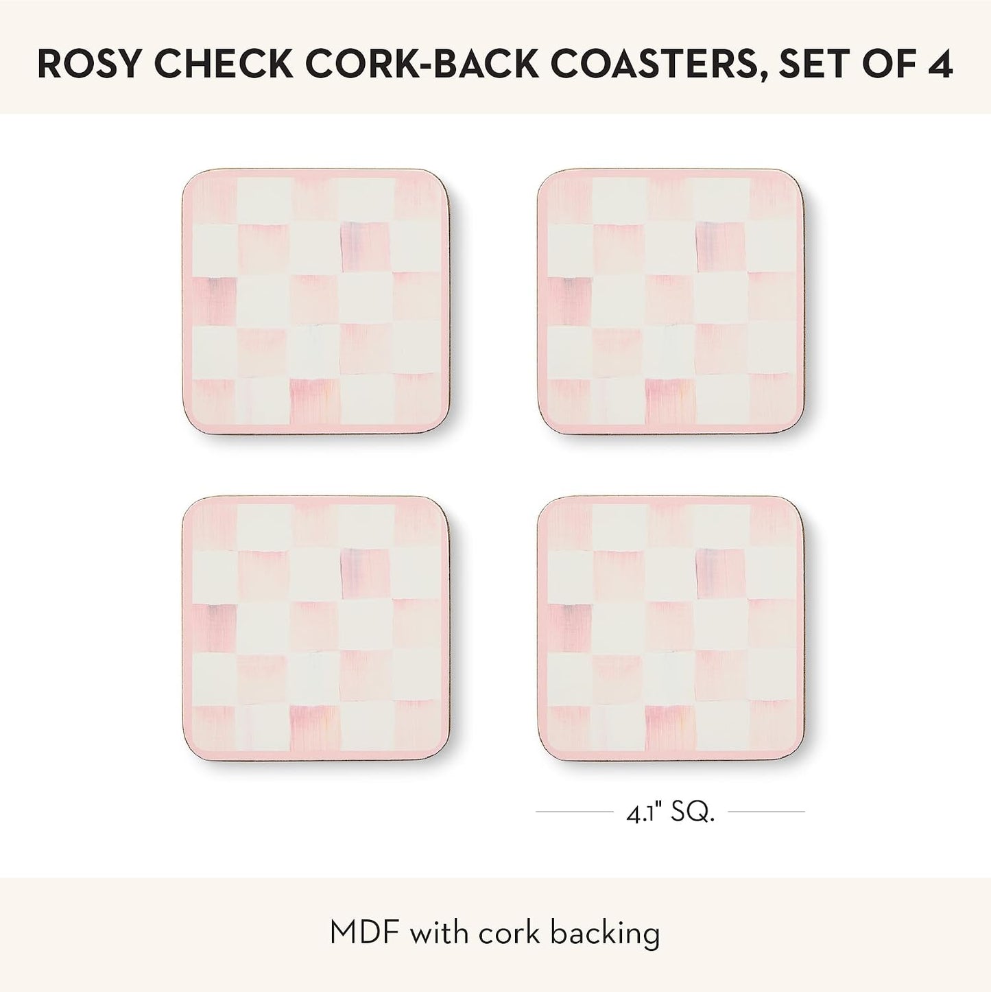MACKENZIE-CHILDS Square Cork-Back Coaster Set, Table Coasters for Drinks, Set of 4, Pink-and-White Rosy Check