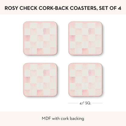 MACKENZIE-CHILDS Square Cork-Back Coaster Set, Table Coasters for Drinks, Set of 4, Pink-and-White Rosy Check