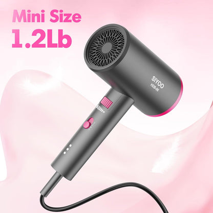 SIYOO Professional Hair Dryer, Ionic Blow Dryer with Diffuser and Nozzle, 1600 Watt Negative Ions Salon Lightweight Hairdryer Pink