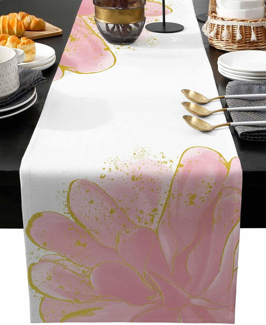 Blush Pink Gold Table Runner-Cotton Linen- 48 Inch Holiday Dresser Scarves, Abstract Contemporary Flower Art Tablerunner for Kitchen Coffee/Dining Bedroom Home Living Room Dinner Scarf Décor 13x48