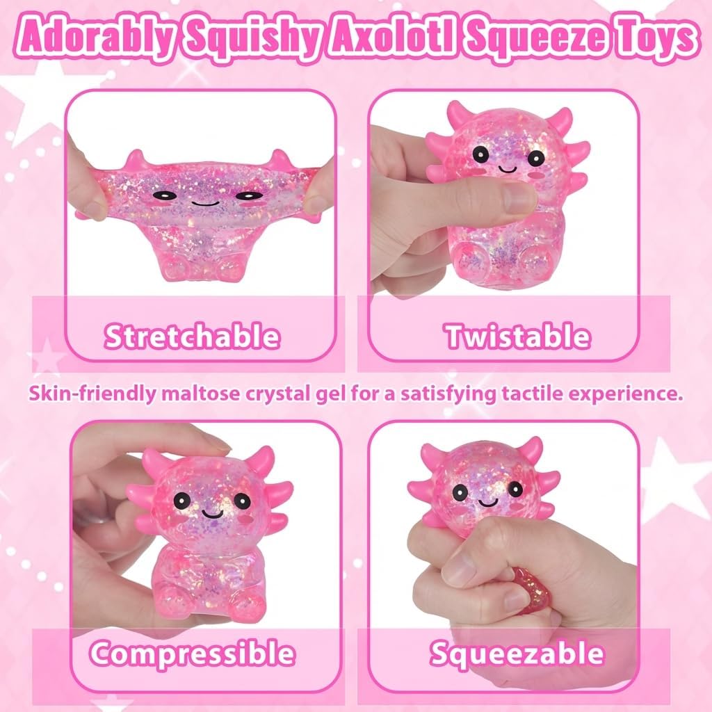 Axolotl Squishy Stress Relief Toy – Glitter Fidget Toy Cute Squeeze Toy for Kids & Adults, Sensory Anxiety Relief Squishy Toy, Party Favor Desk Fidget (Pink Sitting Style)