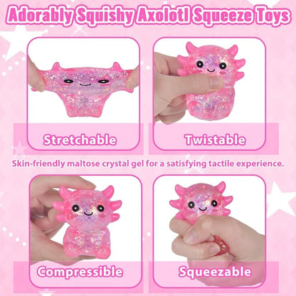 Axolotl Squishy Stress Relief Toy – Glitter Fidget Toy Cute Squeeze Toy for Kids & Adults, Sensory Anxiety Relief Squishy Toy, Party Favor Desk Fidget (Pink Sitting Style)