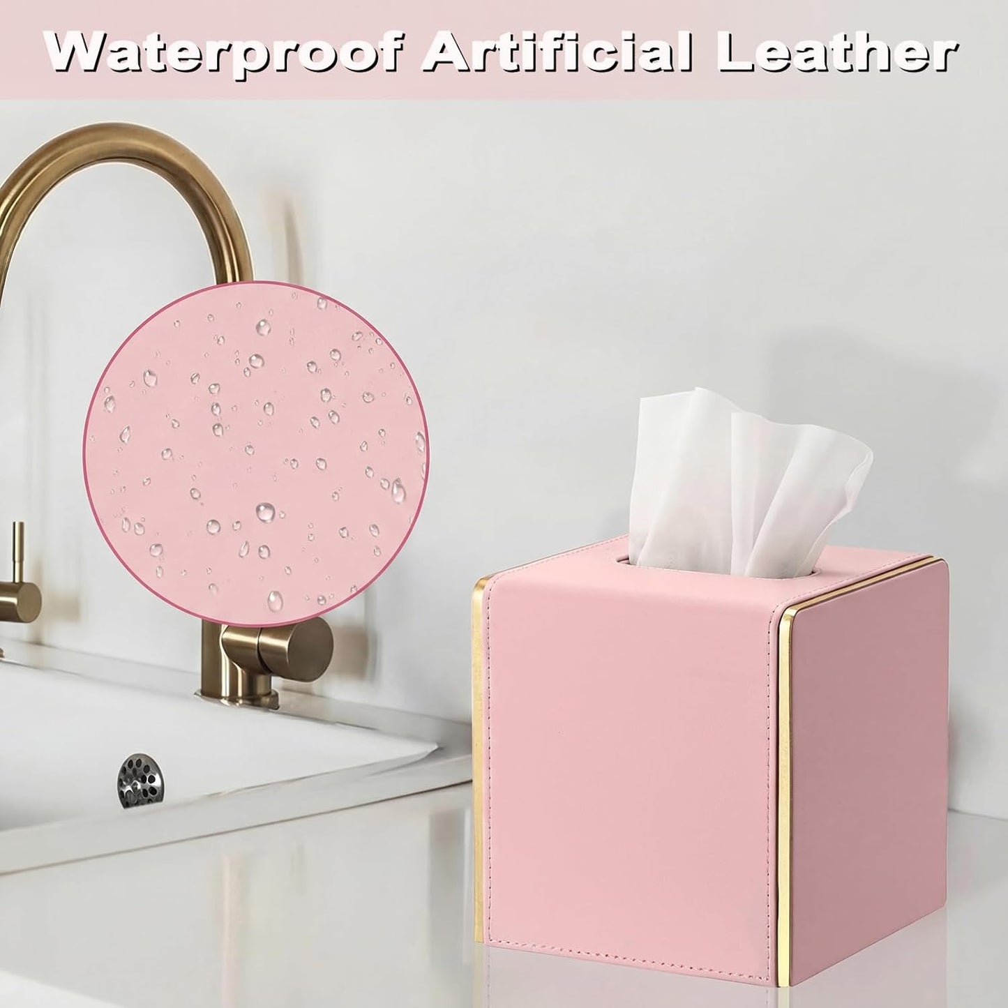 Sumnacon Square Tissue Box Cover, Stylish Cube Tissue Box Holder with Magnetic Bottom, Decorative PU Tissue Box Organizer for Vanity Toilet Tank Dresser Nightstand Table Countertop Office Car, Pink