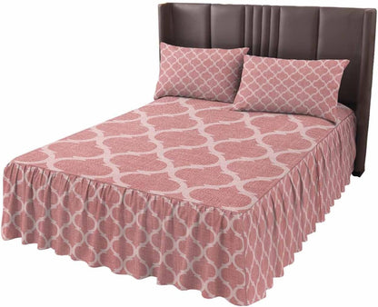 Bed Skirt for Twin Size Bed 18 Inches Drop Moroccan Texture Ruffled Bedding Sheet Sets Soft Bedspread Retro Peach Pink Linen Wrap Around Bed Skirt Sheet Set with 2 Pillowcases for Bedroom 39x75 Inch