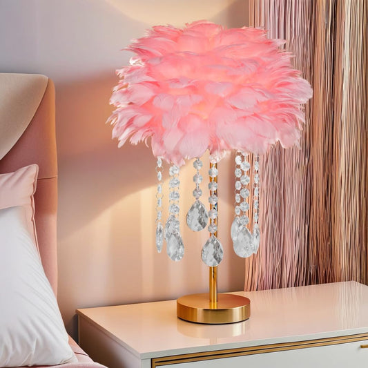 Fandian Bedside Table Feather Lamp Night Light with 3 Color Changing LED Lamp, Plug in Table Lamp for Romantic Girl Mother Bedroom Nursery Desk Decor (Pink)