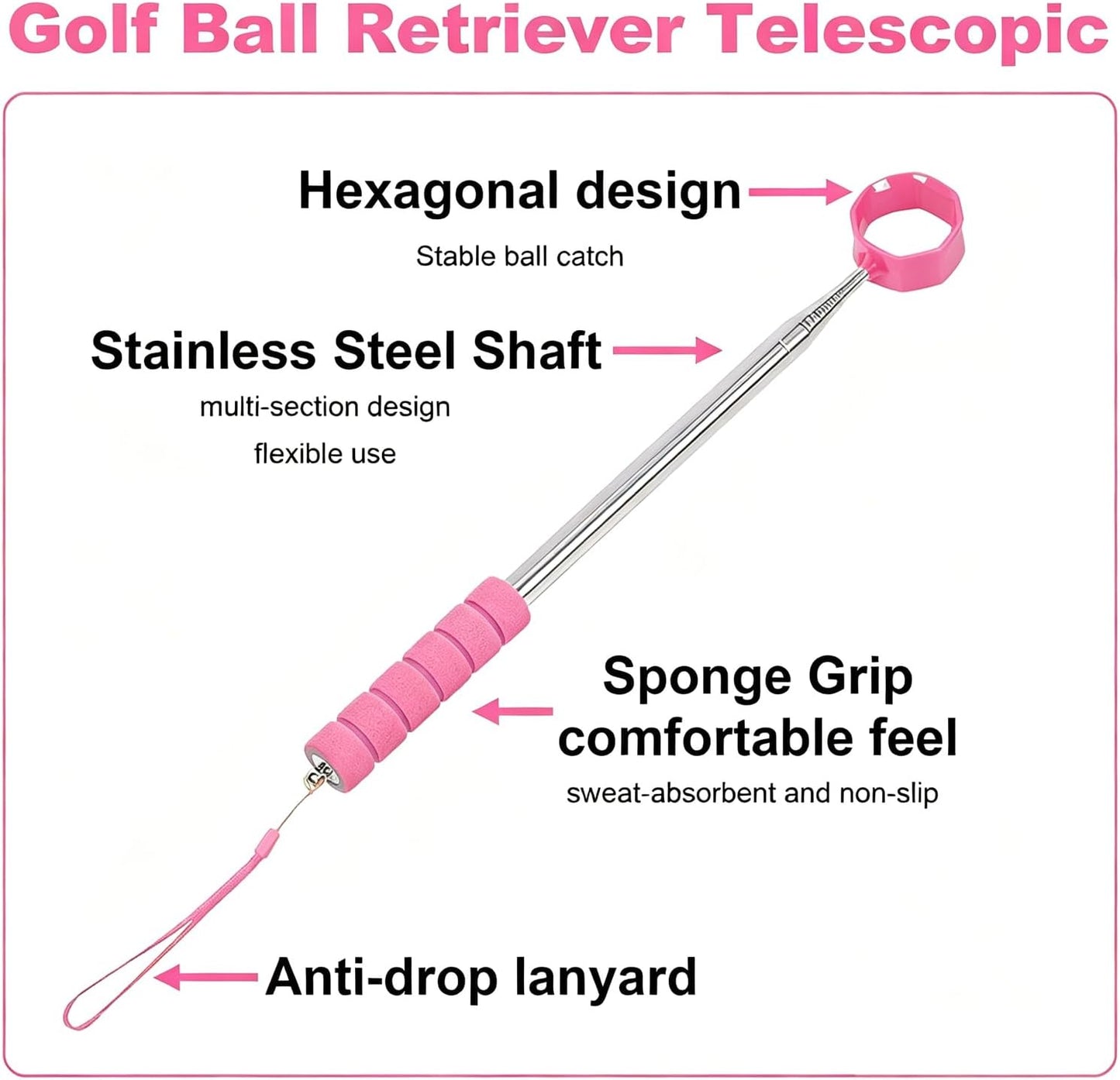 Golf Ball Retriever Telescopic, 9Ft Golf Ball Retriever for Water, Professiona Stainless Steel Ball Retriever Tool Golf, Light Weight Double Sided Golf Ball Grabber, Golf Accessories Gifts