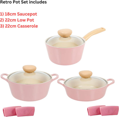 Neoflam Retro Pink 6-Piece Cookware Set with Glass Lid – Nonstick Casserole Pot, Saucepan & Dutch Oven for Healthy Cooking, Simmering, Stewing, Kitchen Decor, Made in Korea