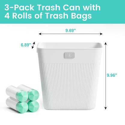 JOYMOOP Slim Trash Can 3-Pack, 2.9 Gallon Plastic Wastebasket for Bathroom, Bedroom, Office, Kitchen with 4 Rolls Bags, Pink